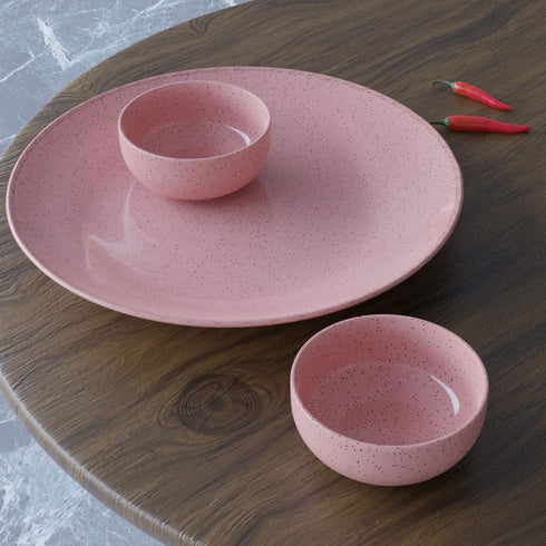 Glossy Pink Ceramic Dinner Plate with 2 Serving Bowl - The Earth Store - Dinnerware